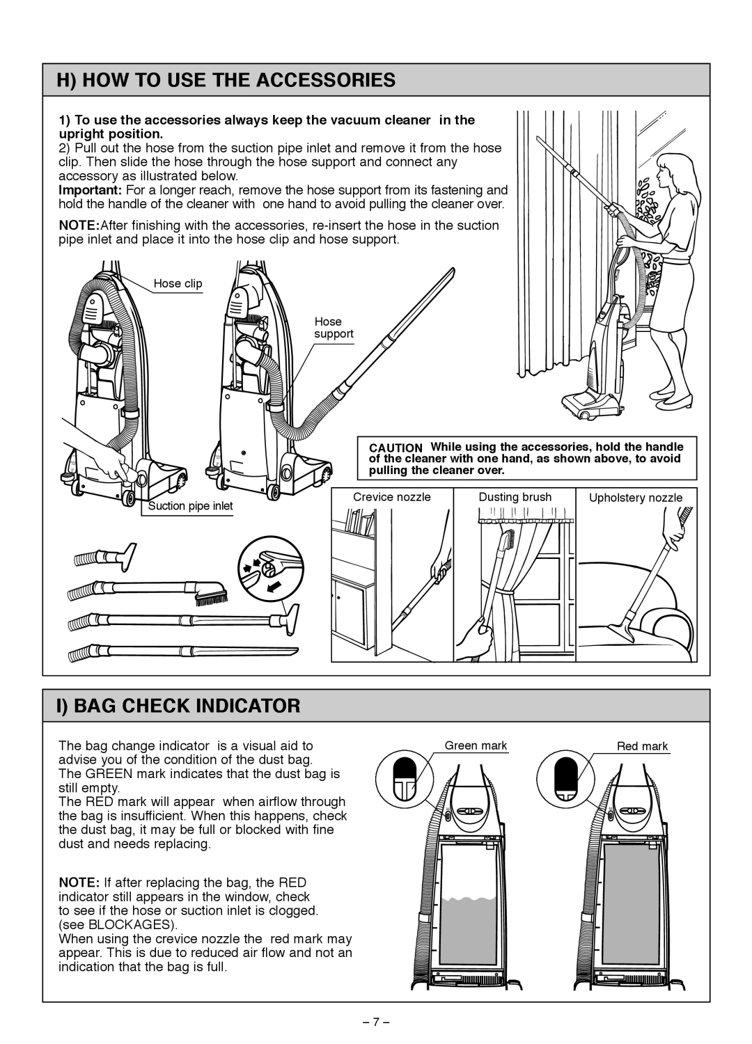 Miele S185 important safety instructions HOW to USE the Accessories, BAG Check Indicator 