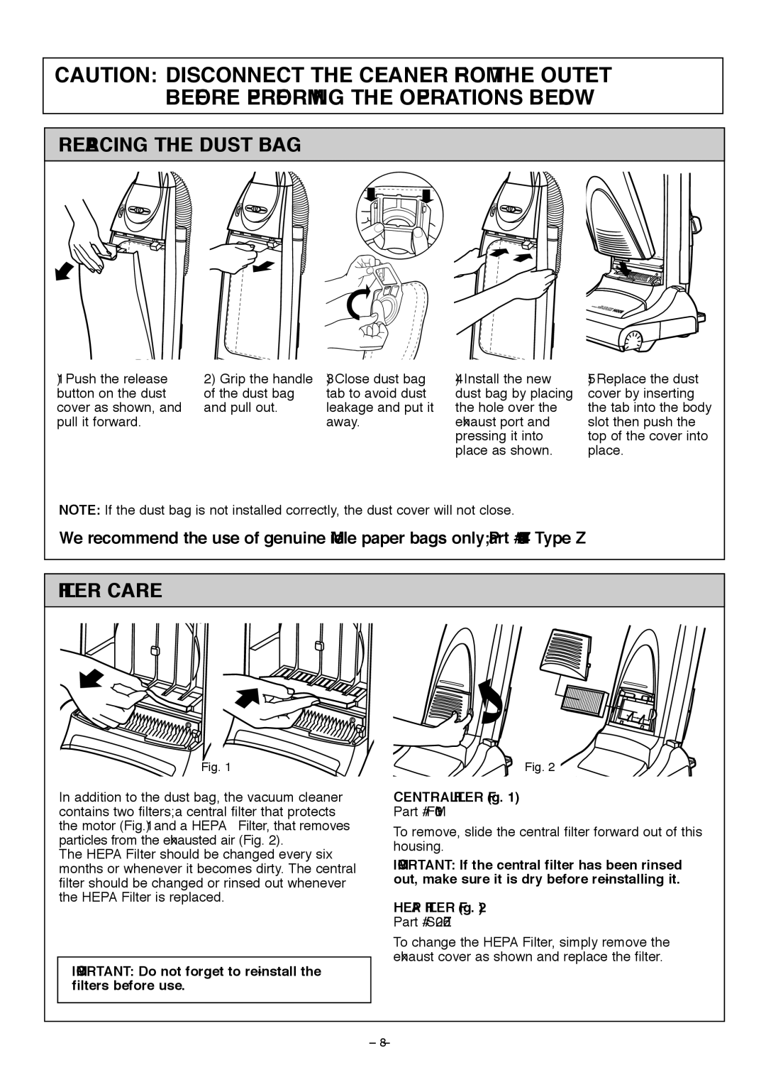 Miele S185 important safety instructions Replacing the Dust BAG, Filter Care 