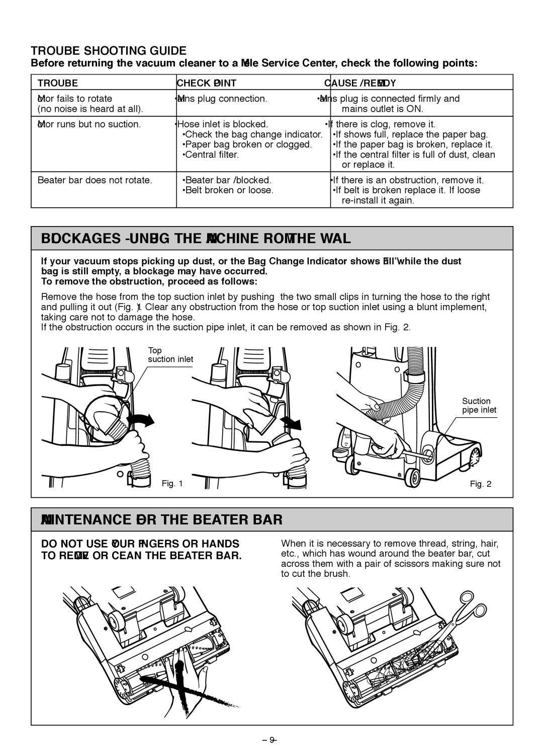 Miele S185 Blockages Unplug the Machine from the Wall, Maintenance for the Beater BAR, Trouble Check Point Cause / Remedy 