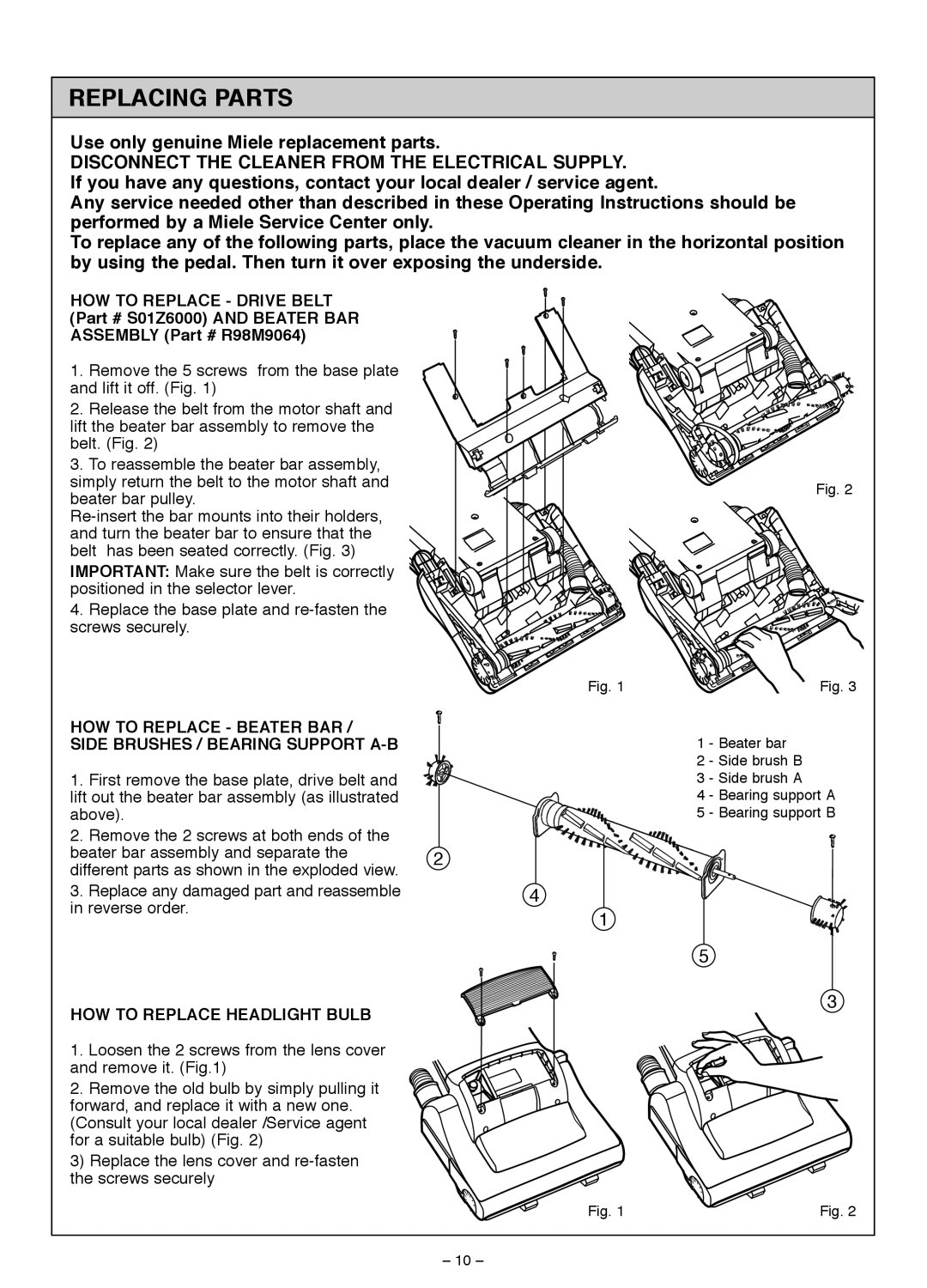 Miele S185 important safety instructions Replacing Parts 