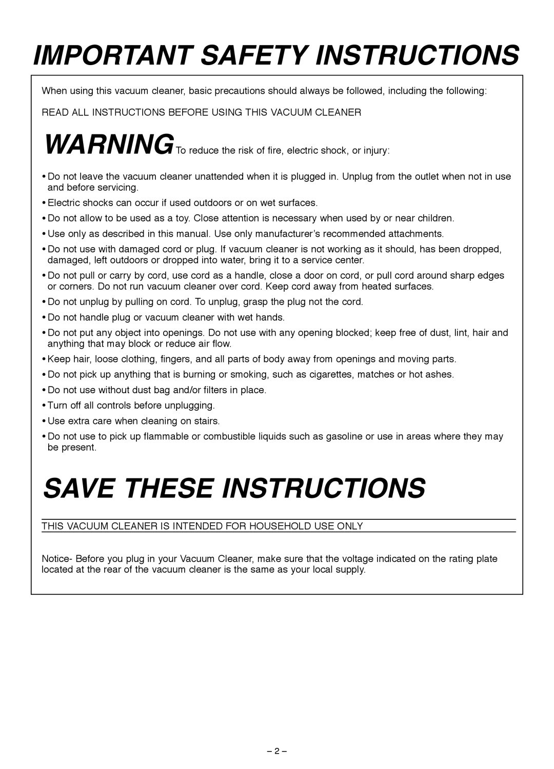 Miele S185 important safety instructions Important Safety Instructions, Save These Instructions 