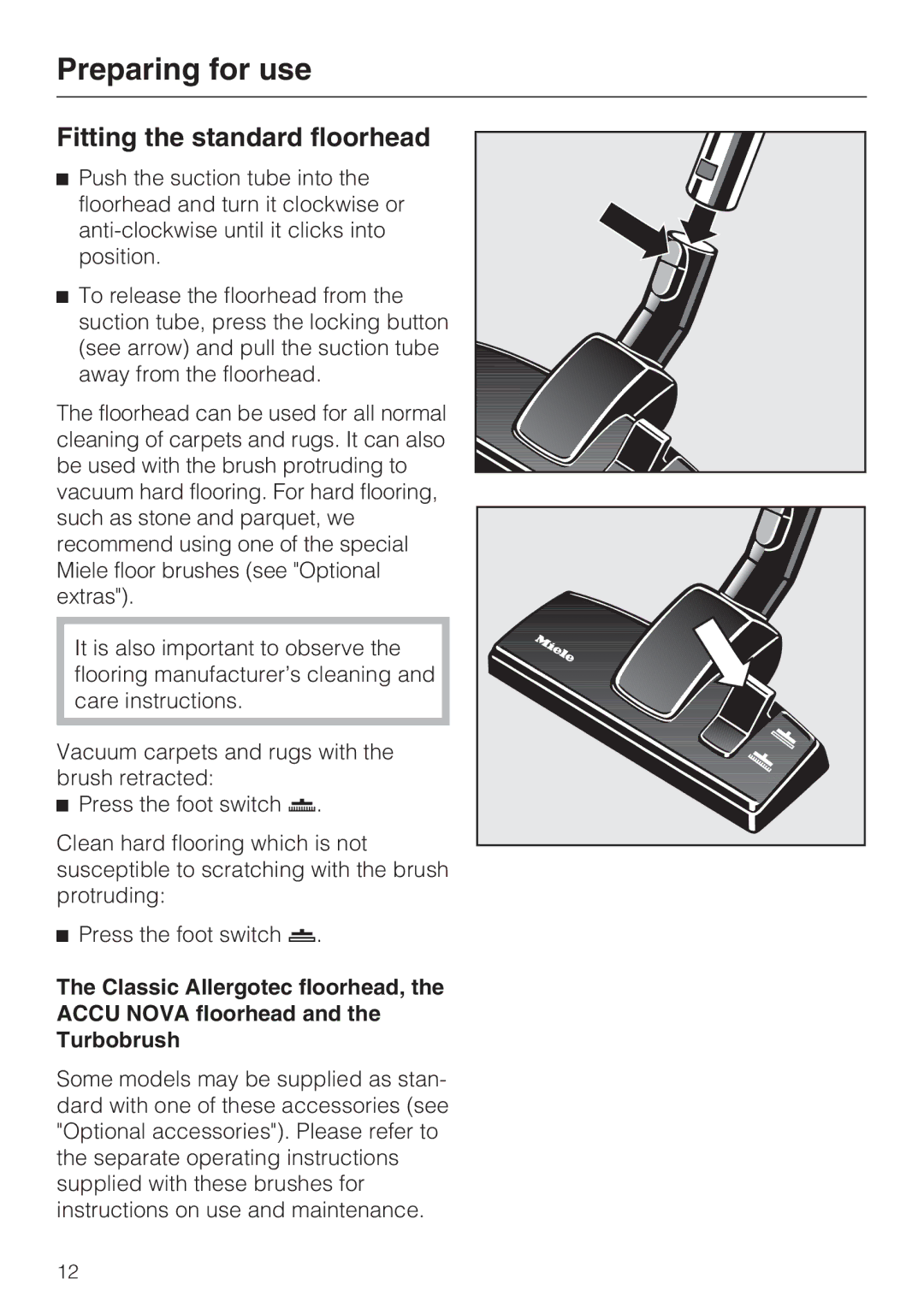 Miele S4212 manual Fitting the standard floorhead 