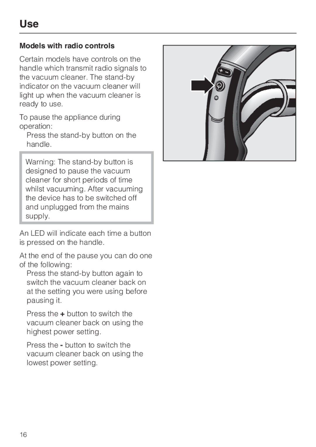 Miele S4212 manual Models with radio controls 