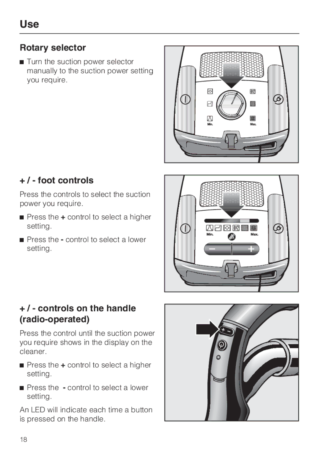 Miele S4212 manual Rotary selector, + / foot controls, + / controls on the handle radio-operated 