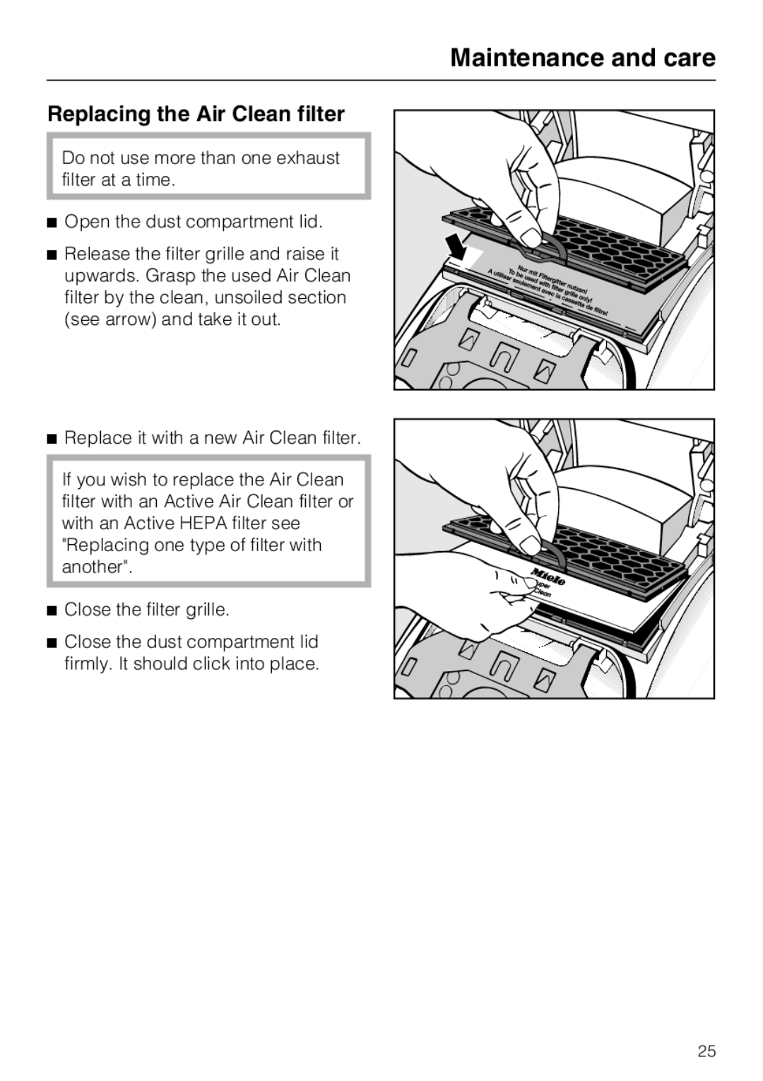 Miele S4212 manual Replacing the Air Clean filter 