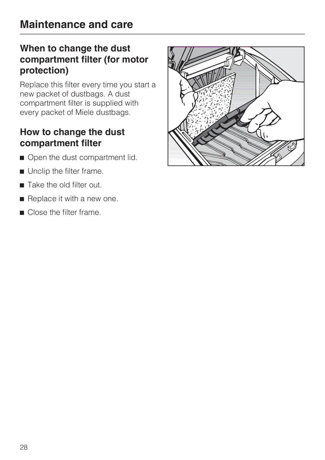 Miele S4212 manual How to change the dust compartment filter 