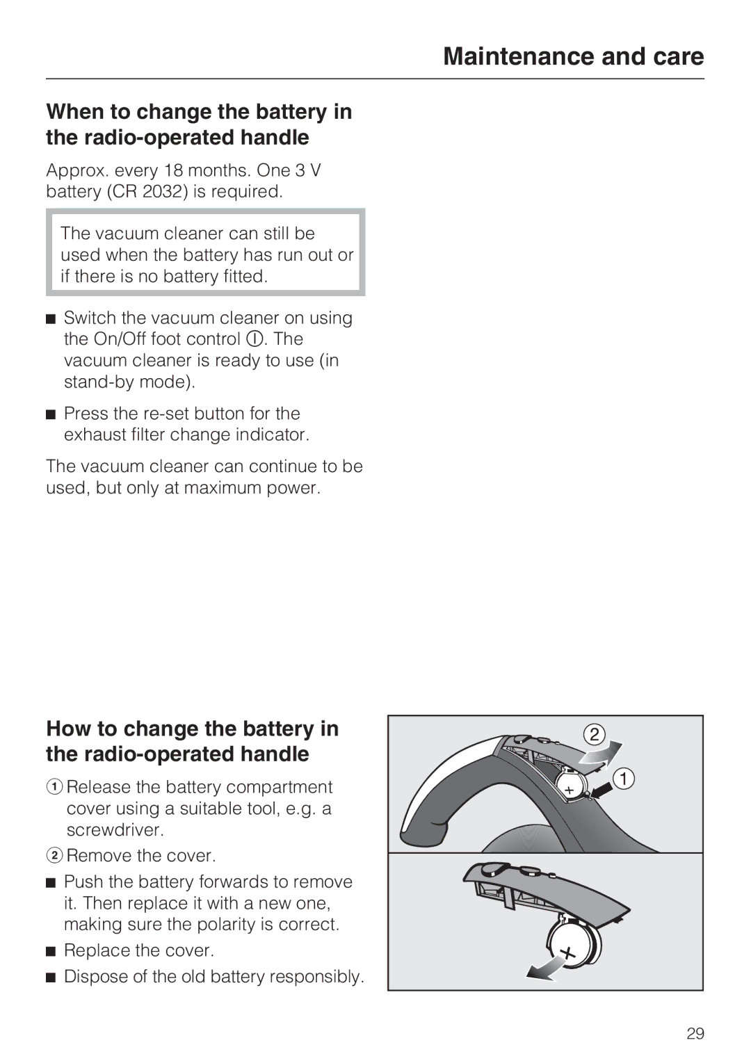 Miele S4212 manual When to change the battery in the radio-operated handle 