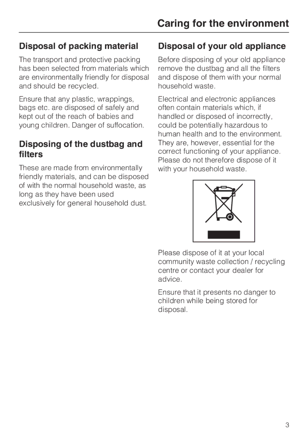 Miele S4212 manual Caring for the environment, Disposal of packing material, Disposing of the dustbag and filters 