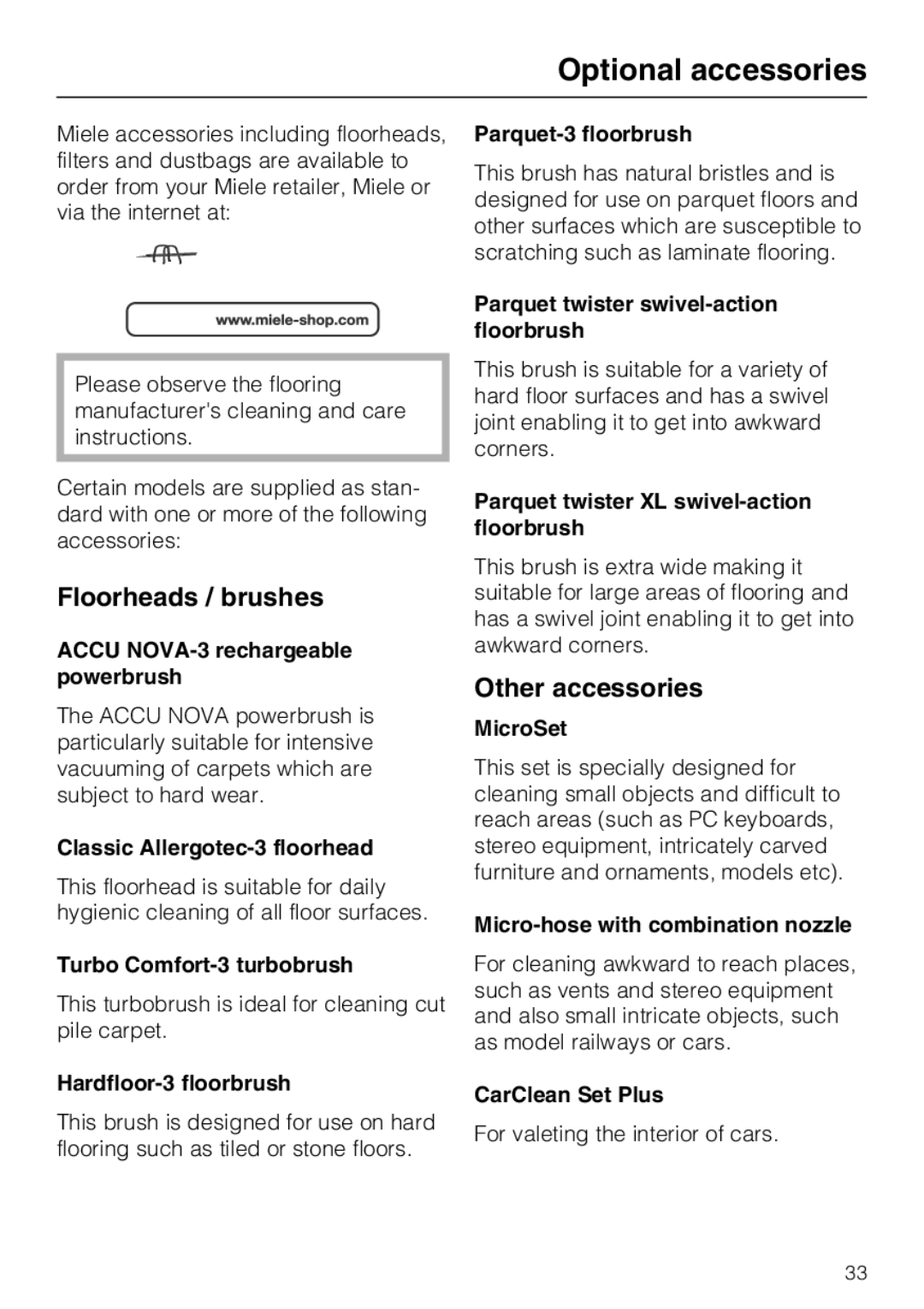 Miele S4212 manual Optional accessories, Floorheads / brushes, Other accessories 