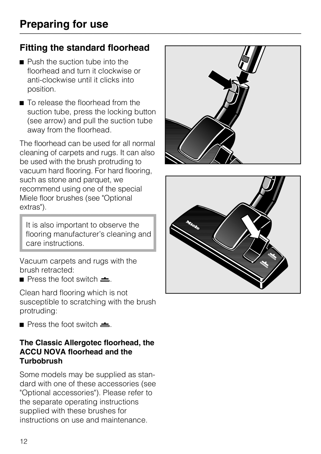 Miele S4212 manual Fitting the standard floorhead, Preparing for use 