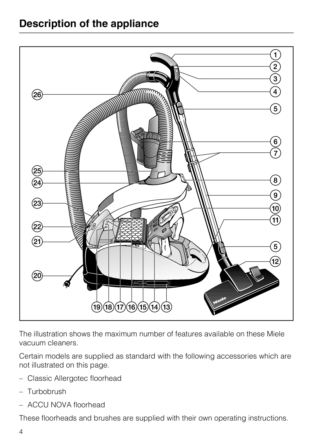 Miele S4212 manual Description of the appliance 