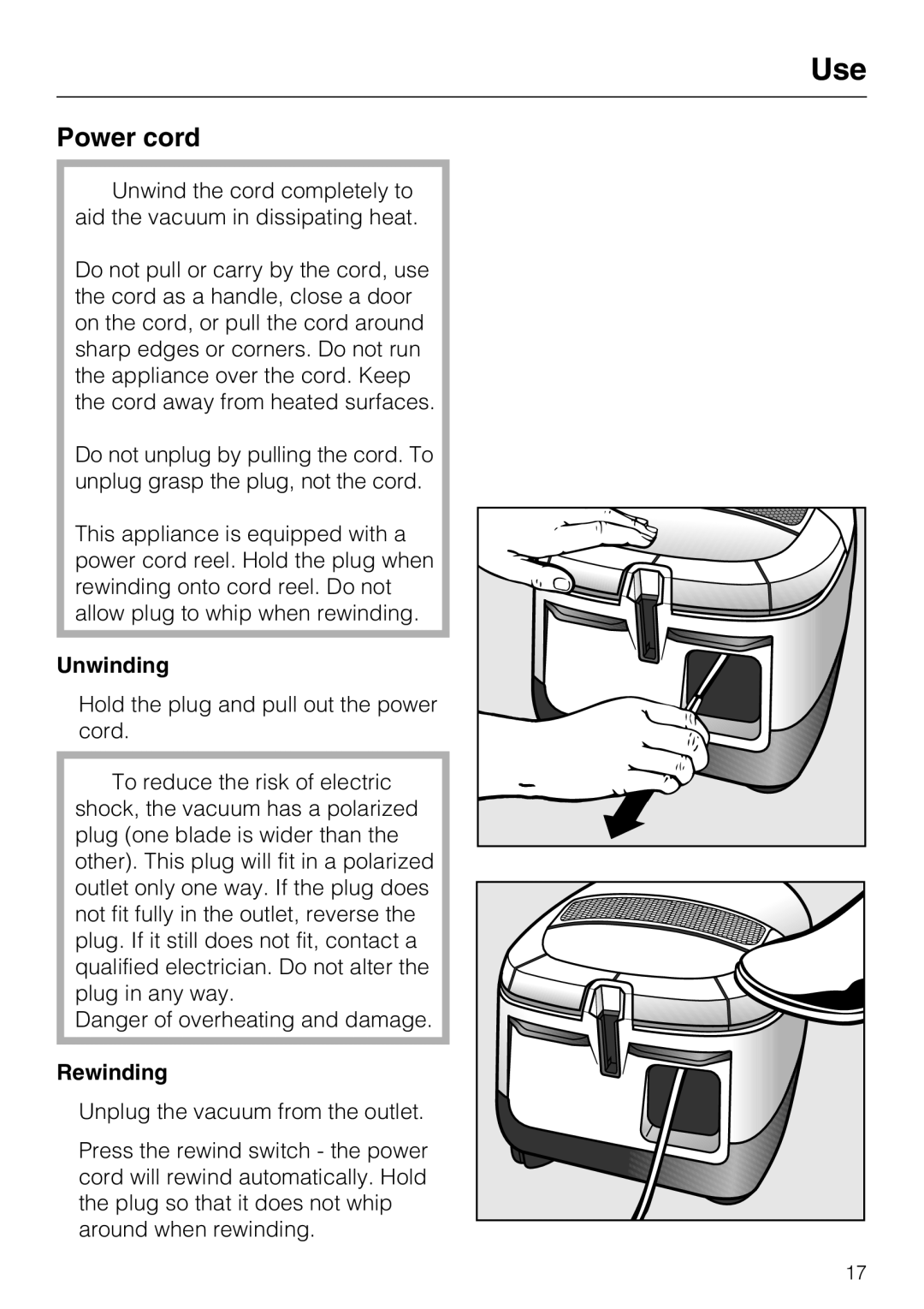 Miele S5981 operating instructions Use, Power cord, Unwinding, Rewinding 