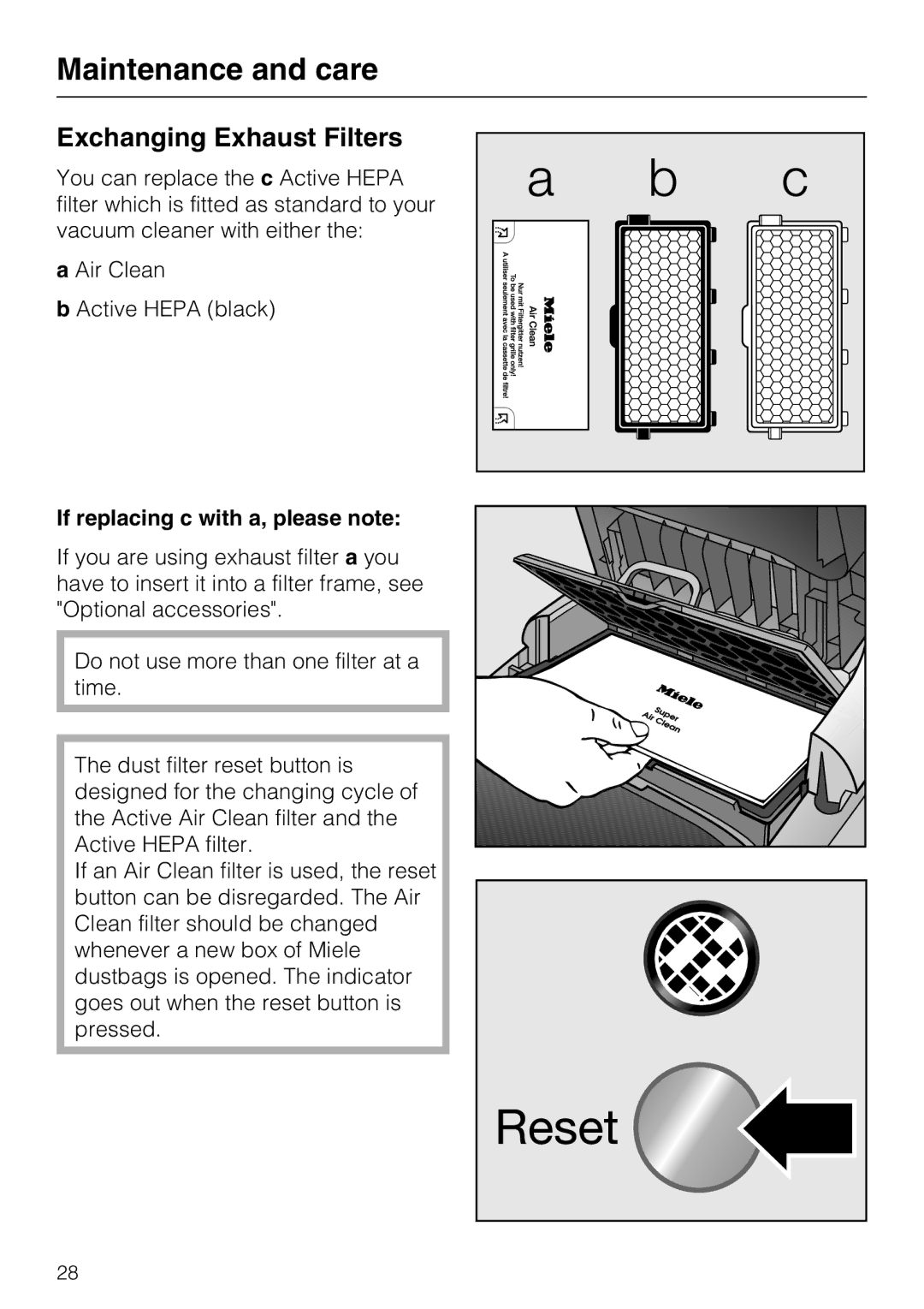 Miele S5981 operating instructions Exchanging Exhaust Filters, If replacing c with a, please note 