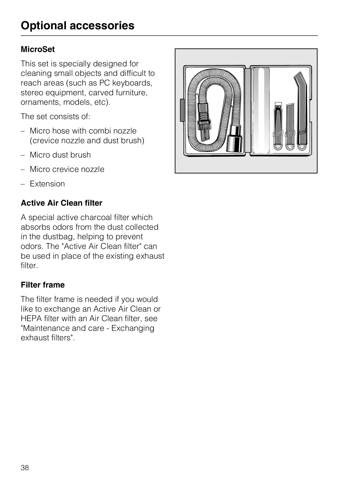 Miele S5981 operating instructions MicroSet, Active Air Clean filter, Filter frame 