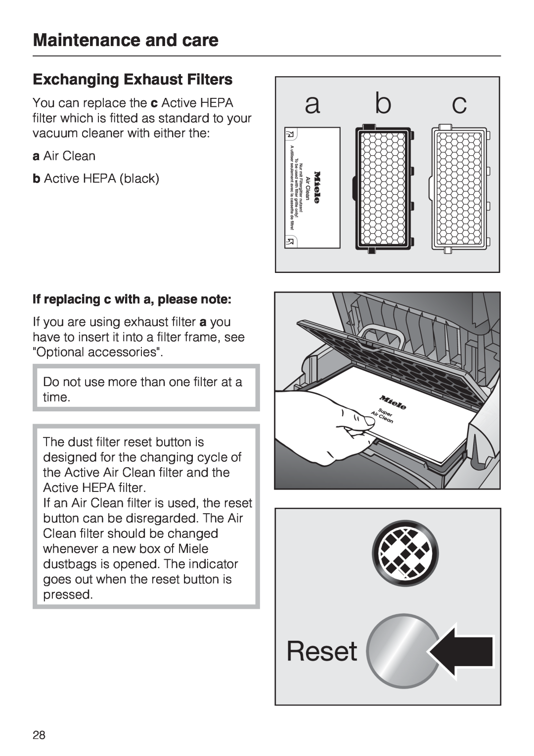 Miele S5981 operating instructions Exchanging Exhaust Filters, If replacing c with a, please note, Maintenance and care 
