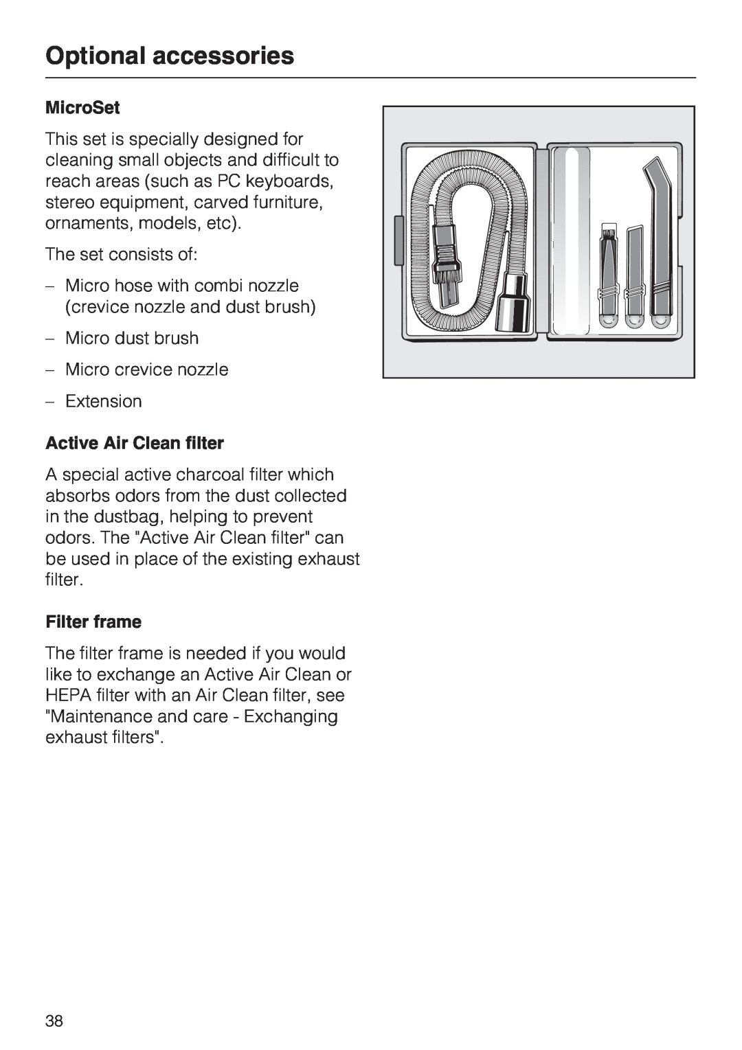 Miele S5981 operating instructions MicroSet, Active Air Clean filter, Filter frame, Optional accessories 