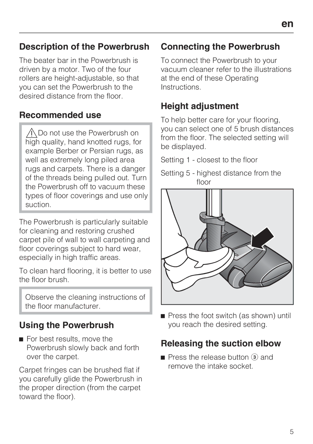 Miele SEB 228 manual Description of the Powerbrush, Recommended use, Using the Powerbrush, Connecting the Powerbrush 