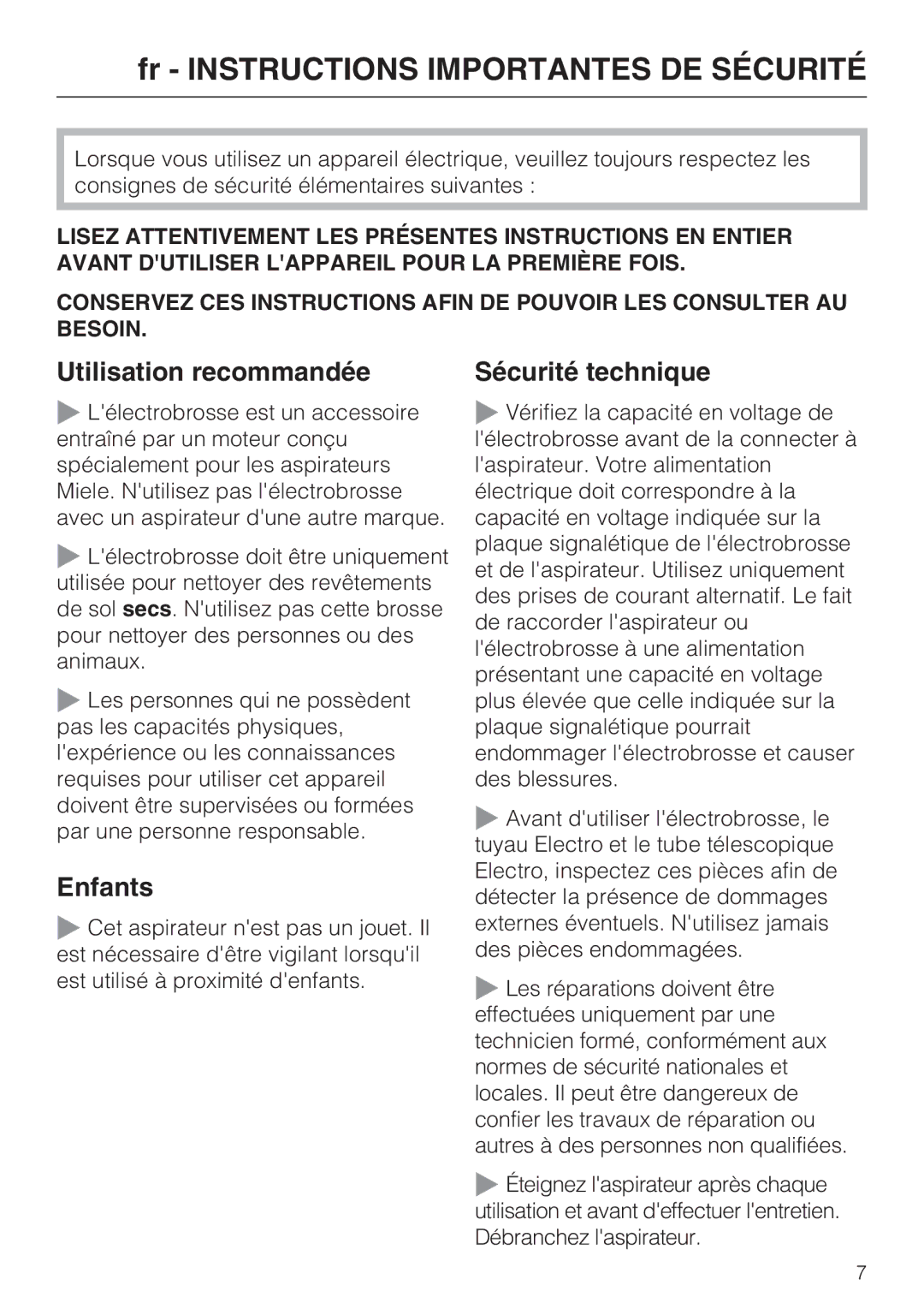 Miele SEB 228 manual Fr Instructions Importantes DE Sécurité, Utilisation recommandée, Enfants, Sécurité technique 