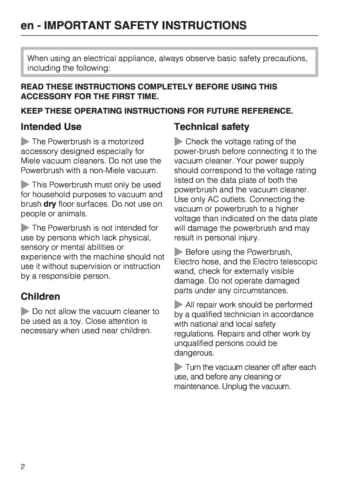 Miele SEB 228 manual en - IMPORTANT SAFETY INSTRUCTIONS, Intended Use, Children, Technical safety 