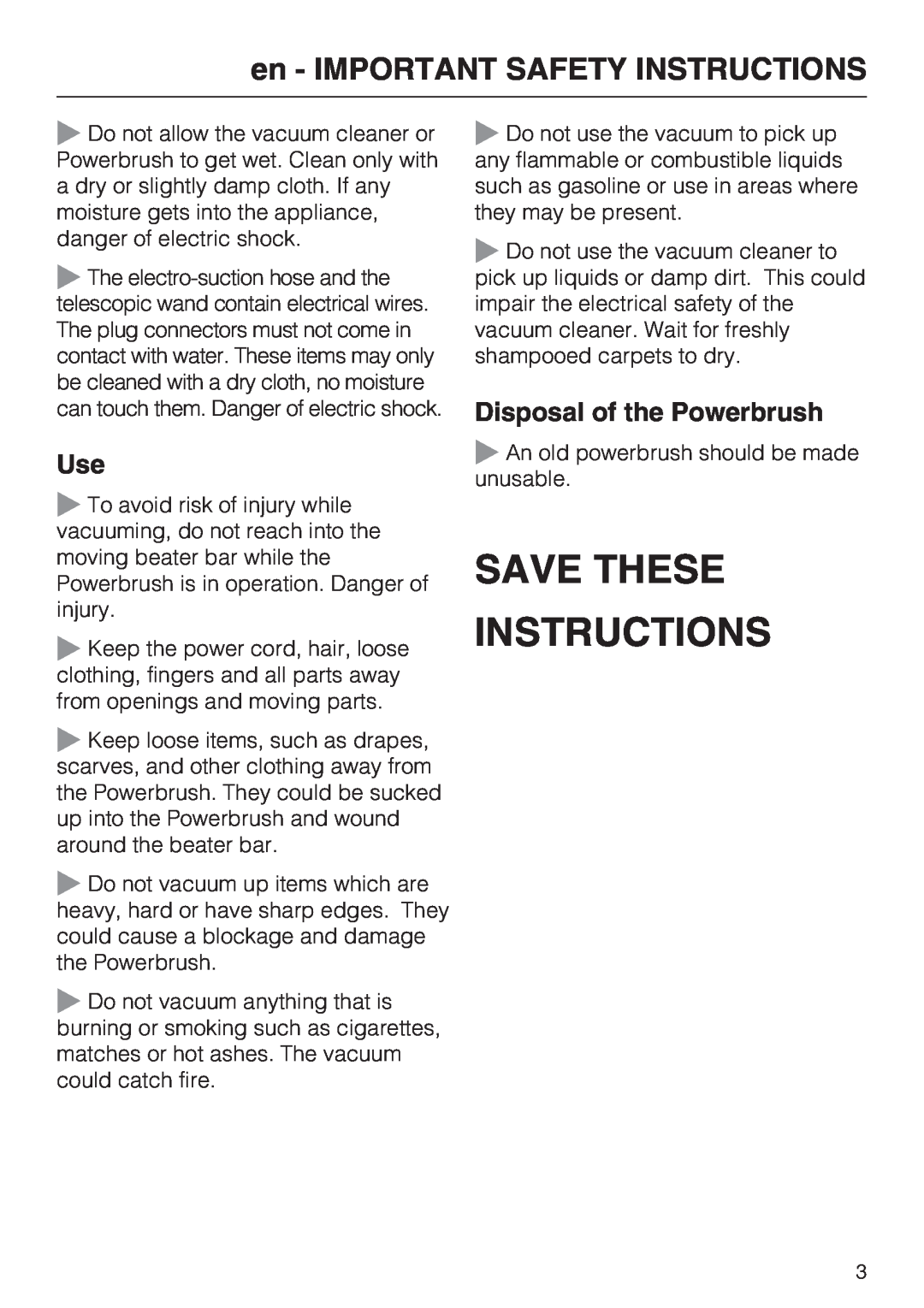 Miele SEB 228 manual Save These Instructions, Disposal of the Powerbrush, en - IMPORTANT SAFETY INSTRUCTIONS 