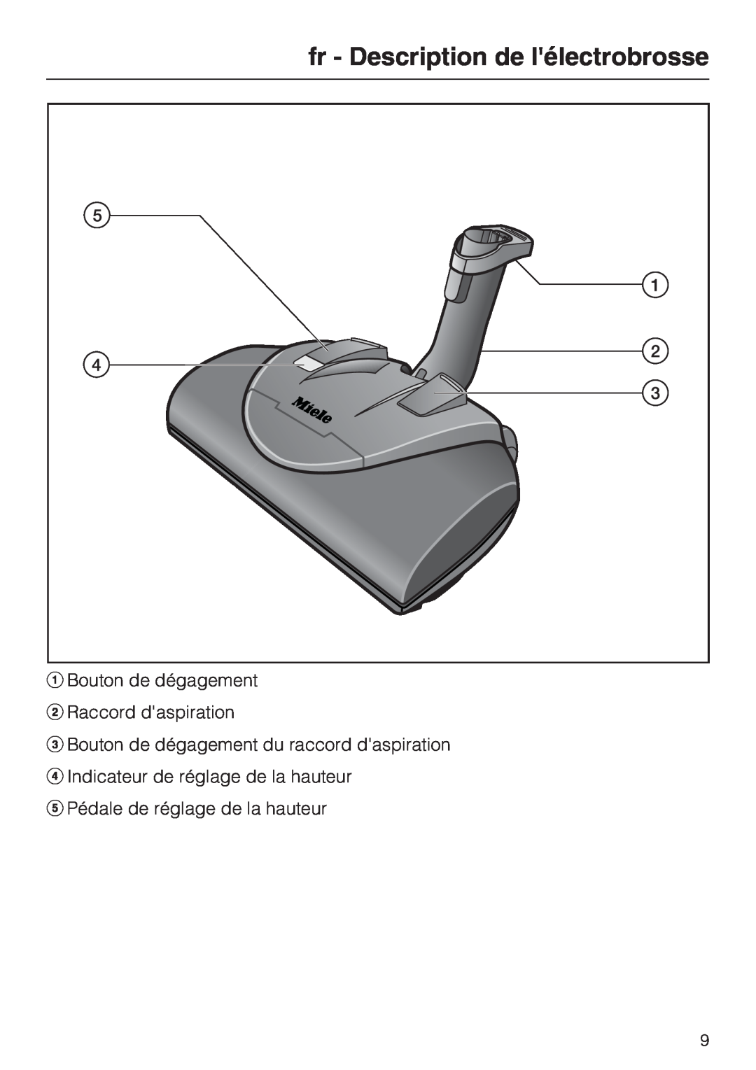 Miele SEB 228 manual fr - Description de lélectrobrosse, Bouton de dégagement Raccord daspiration 