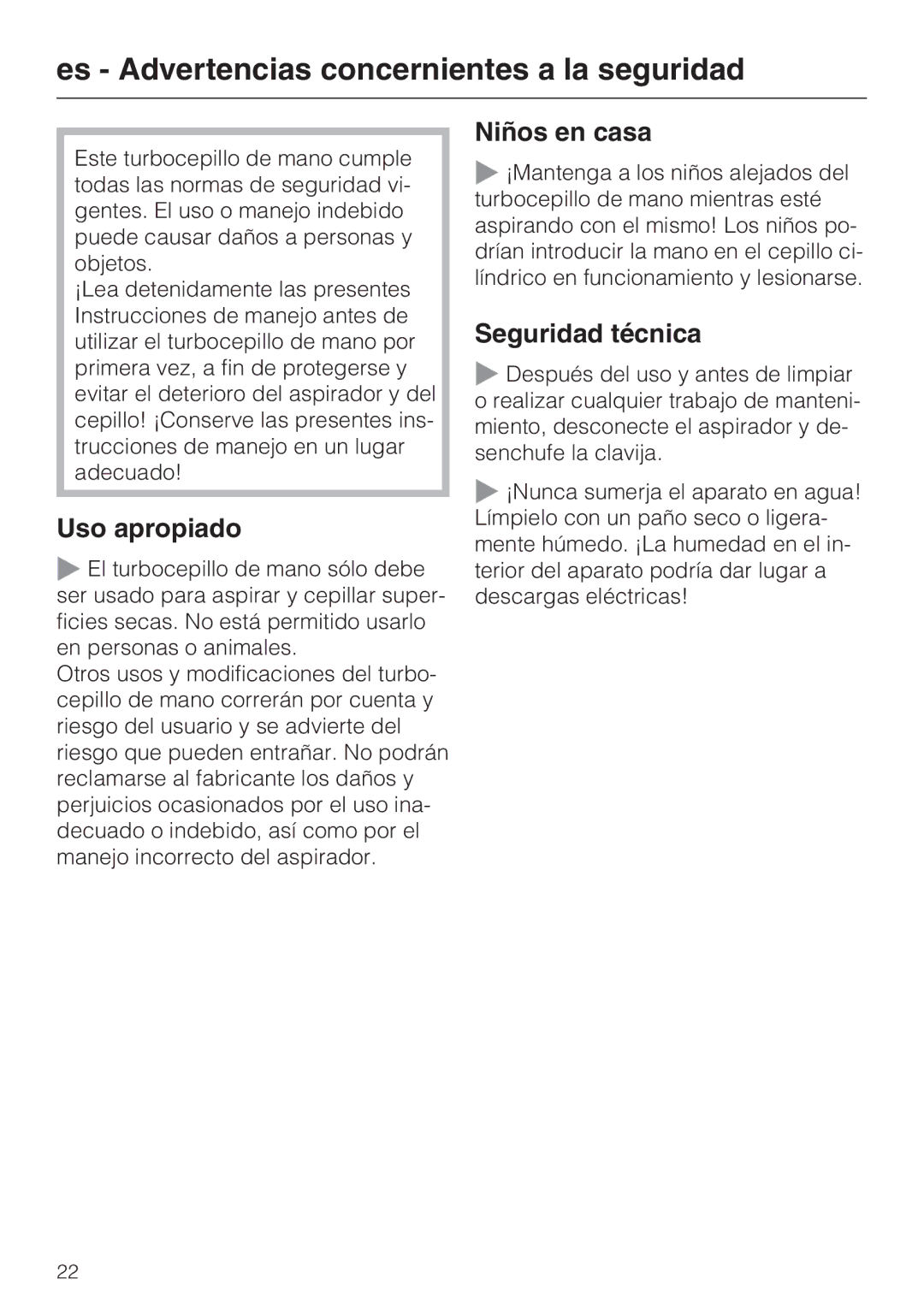 Miele STB 101 manual Es Advertencias concernientes a la seguridad, Uso apropiado, Niños en casa, Seguridad técnica 