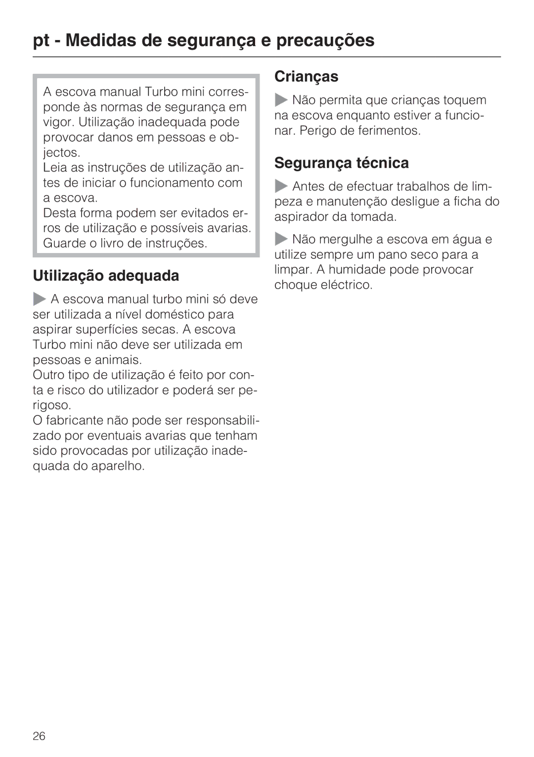 Miele STB 101 manual Pt Medidas de segurança e precauções, Utilização adequada, Crianças, Segurança técnica 