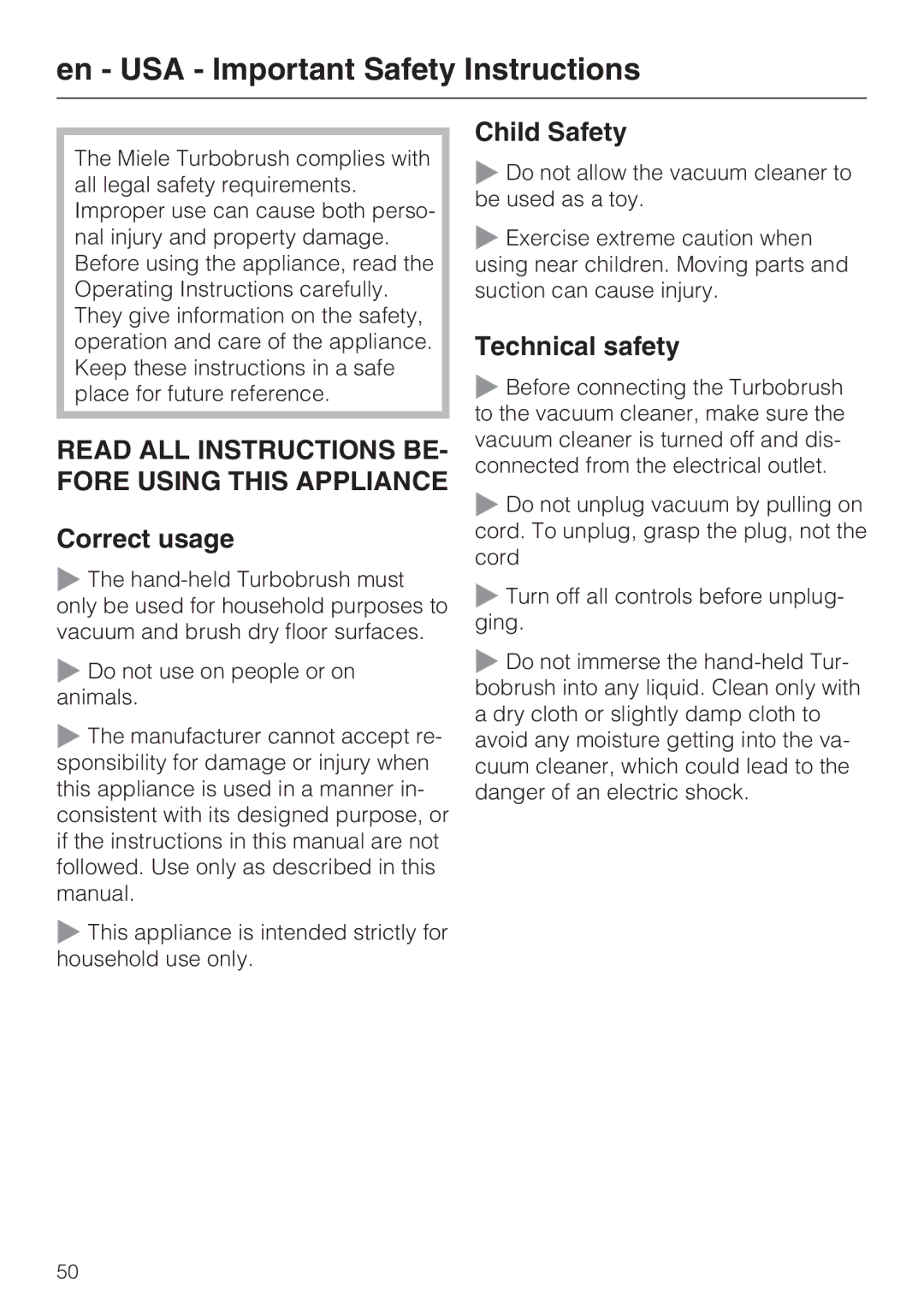 Miele STB 101 manual En USA Important Safety Instructions, Correct usage, Child Safety 