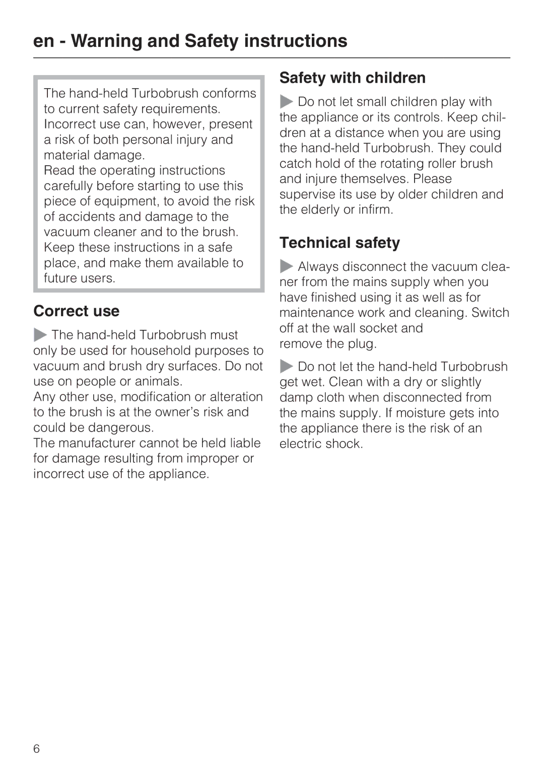 Miele STB 101 manual En Warning and Safety instructions, Correct use, Safety with children, Technical safety 