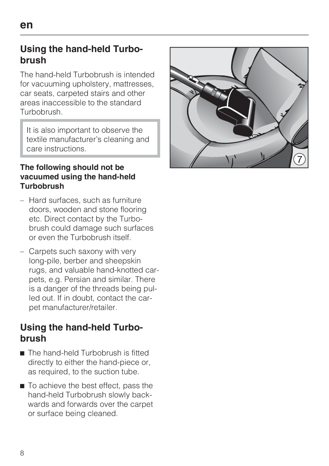 Miele STB 101 manual Using the hand-held Turbo- brush 