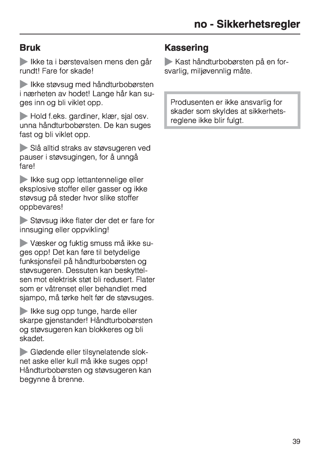 Miele STB 101 manual no - Sikkerhetsregler, Bruk, Kassering 