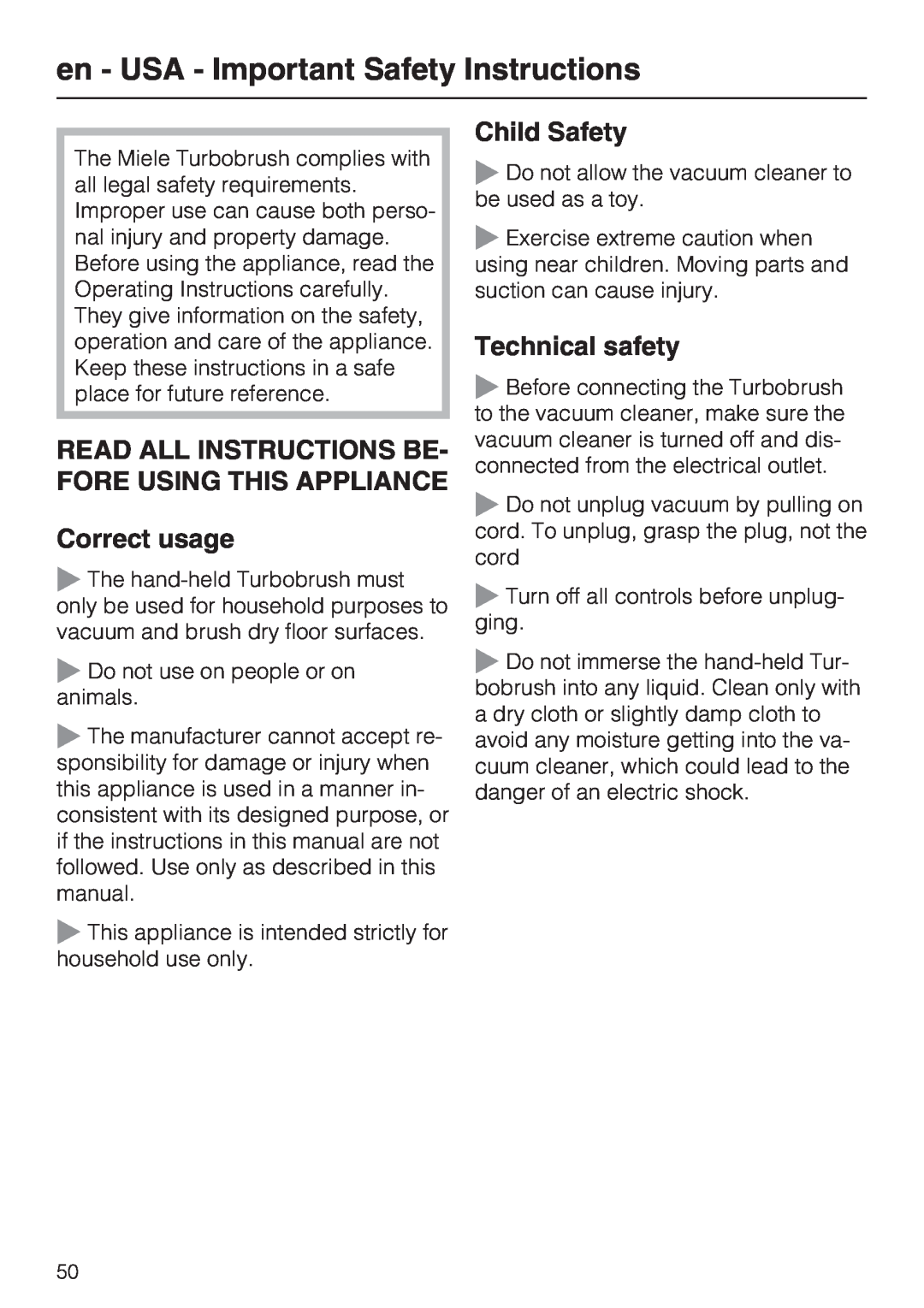 Miele STB 101 manual en - USA - Important Safety Instructions, Correct usage, Child Safety, Technical safety 