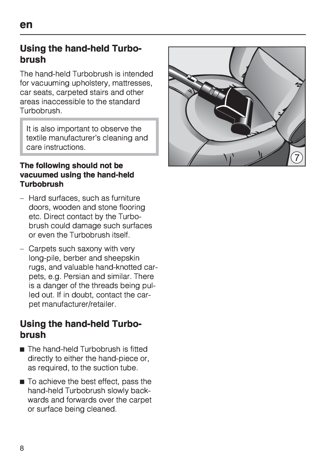 Miele STB 101 manual Using the hand-heldTurbo- brush 