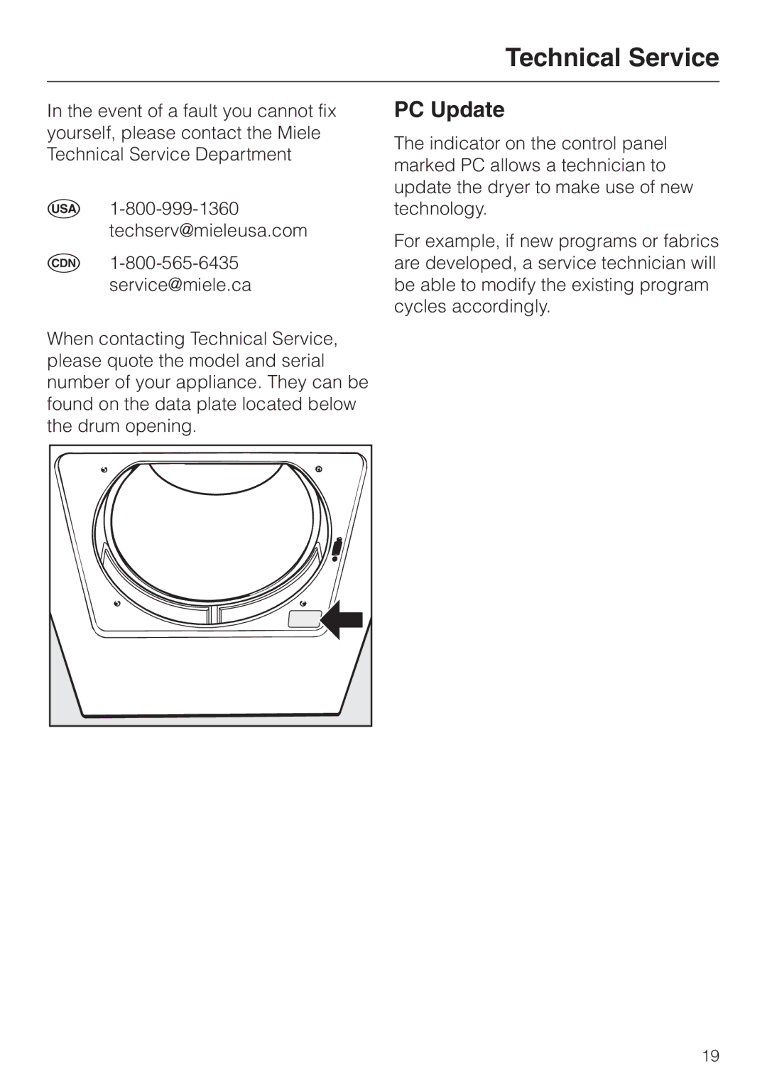 Miele T 1302 operating instructions Technical Service, PC Update 