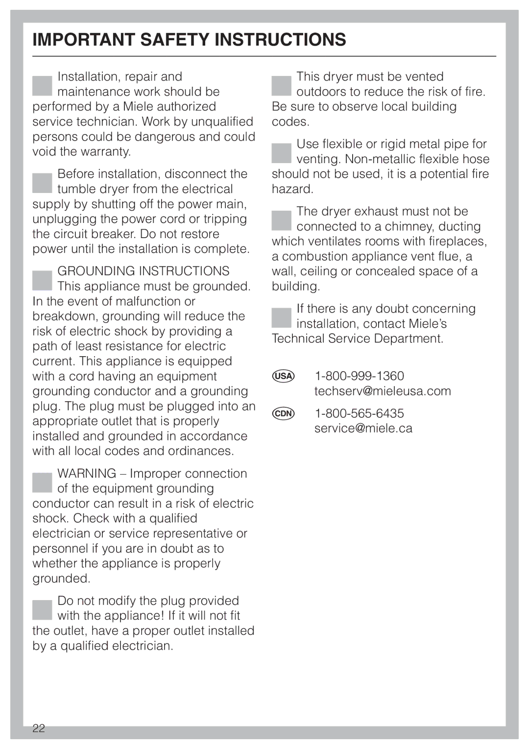 Miele T 1302 operating instructions Important Safety Instructions 