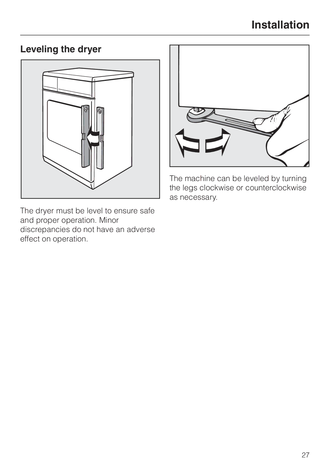 Miele T 1302 operating instructions Installation, Leveling the dryer 