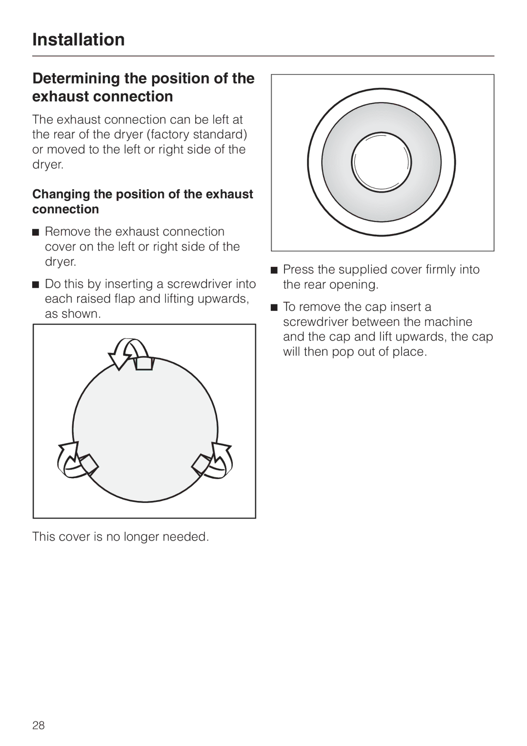 Miele T 1302 Determining the position of the exhaust connection, Changing the position of the exhaust connection 