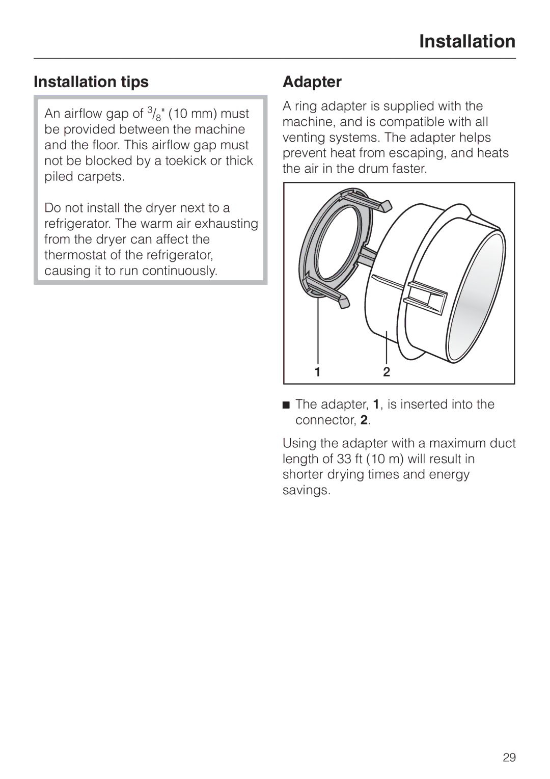 Miele T 1302 operating instructions Installation tips, Adapter 