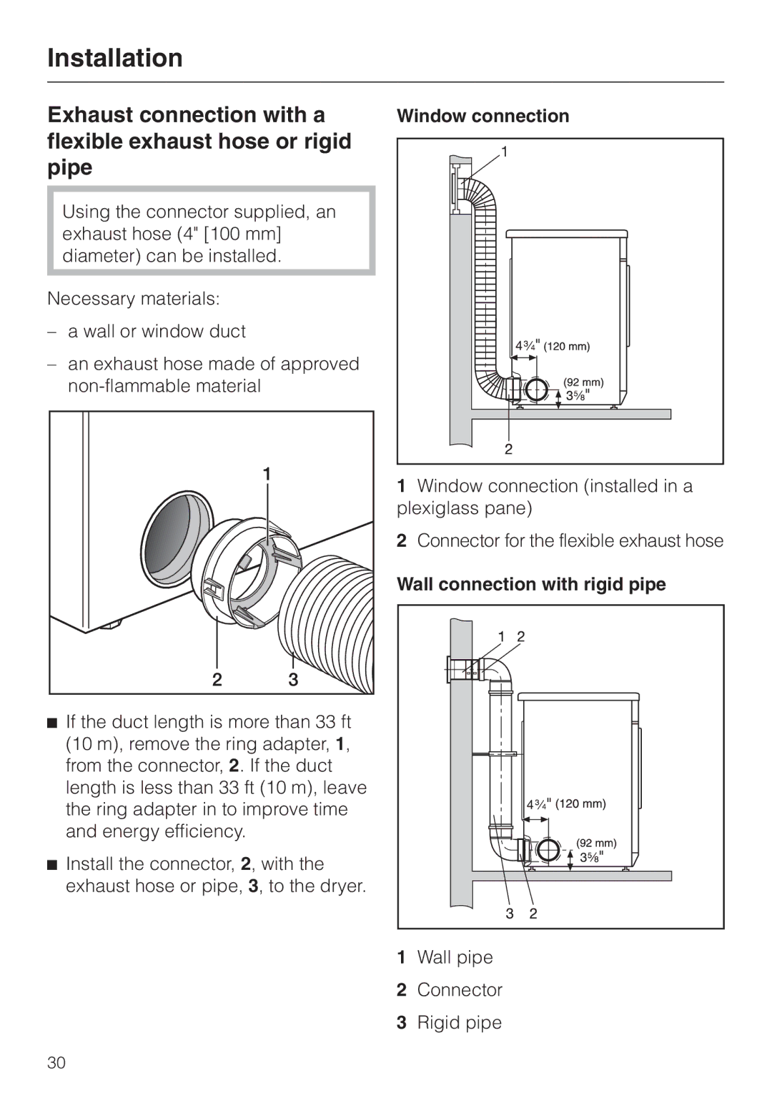 Miele T 1302 operating instructions Exhaust connection with a, Flexible exhaust hose or rigid Pipe, Window connection 