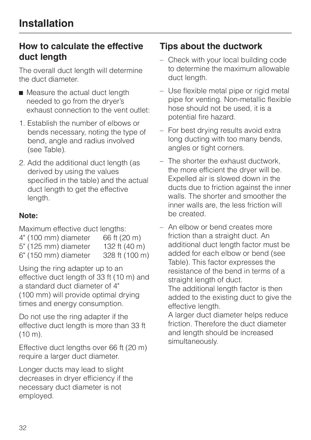 Miele T 1302 operating instructions How to calculate the effective duct length, Tips about the ductwork 