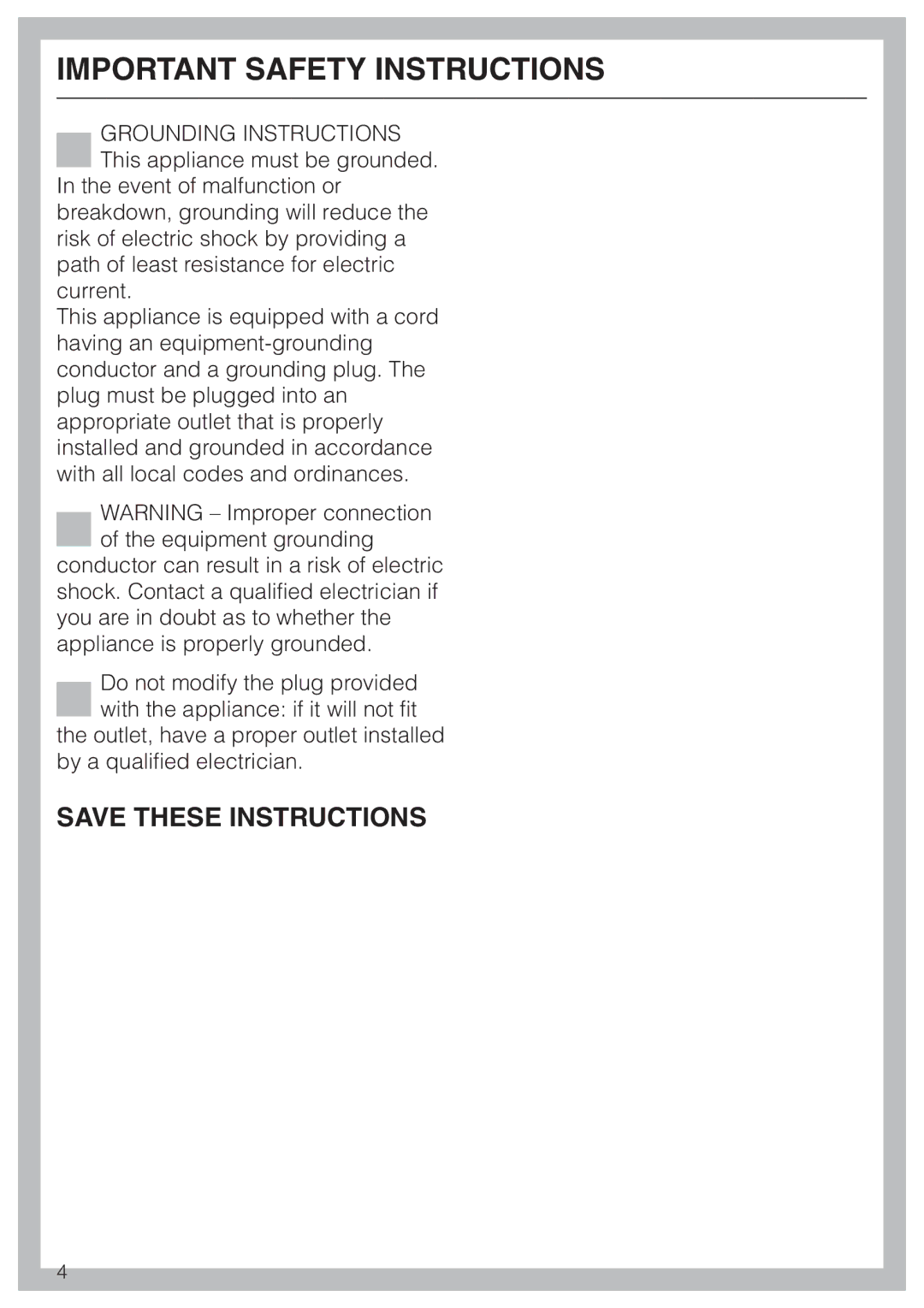 Miele T 1302 operating instructions Important Safety Instructions 