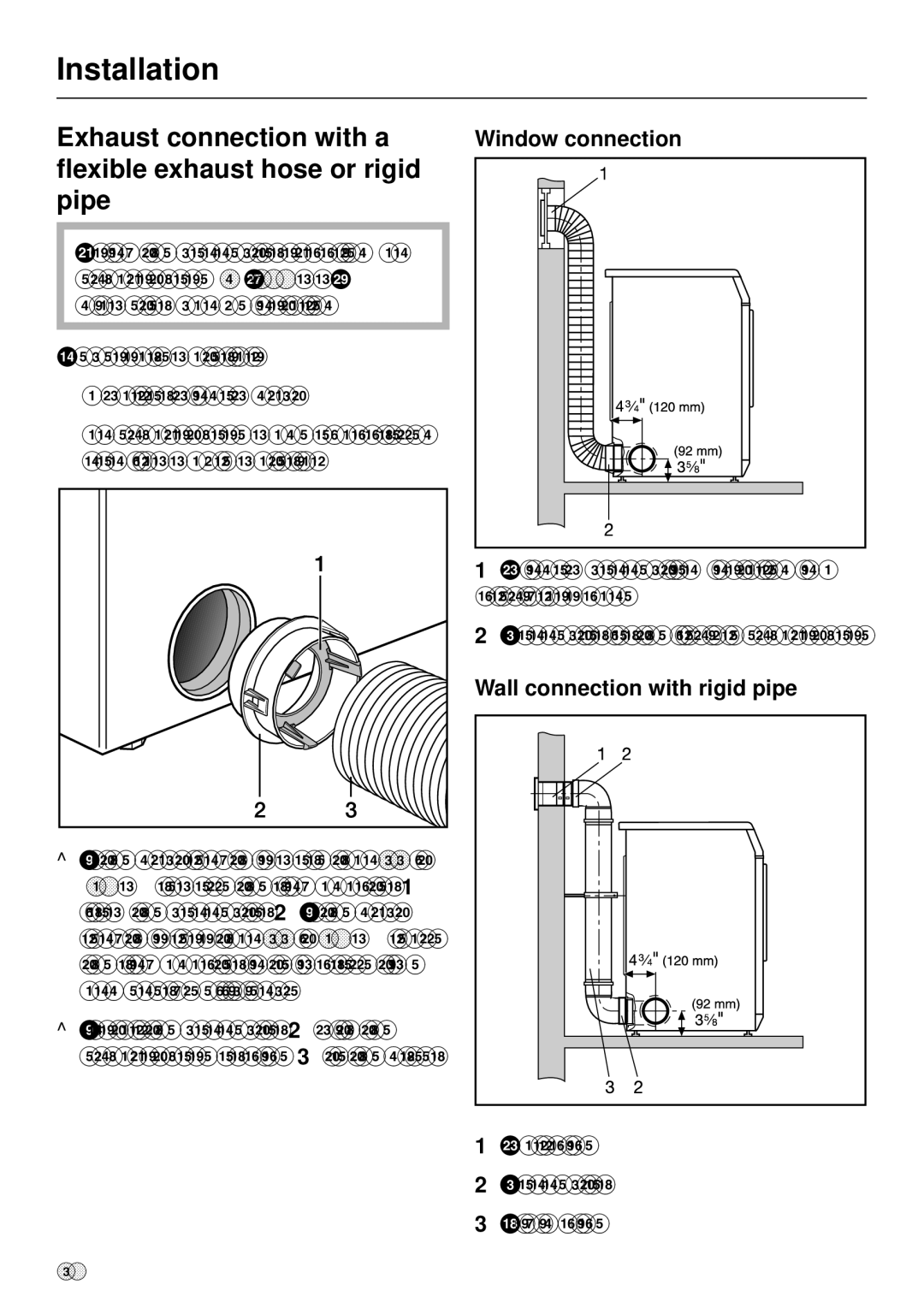 Miele T 1303 operating instructions Exhaust connection with a, Flexible exhaust hose or rigid Pipe, Window connection 