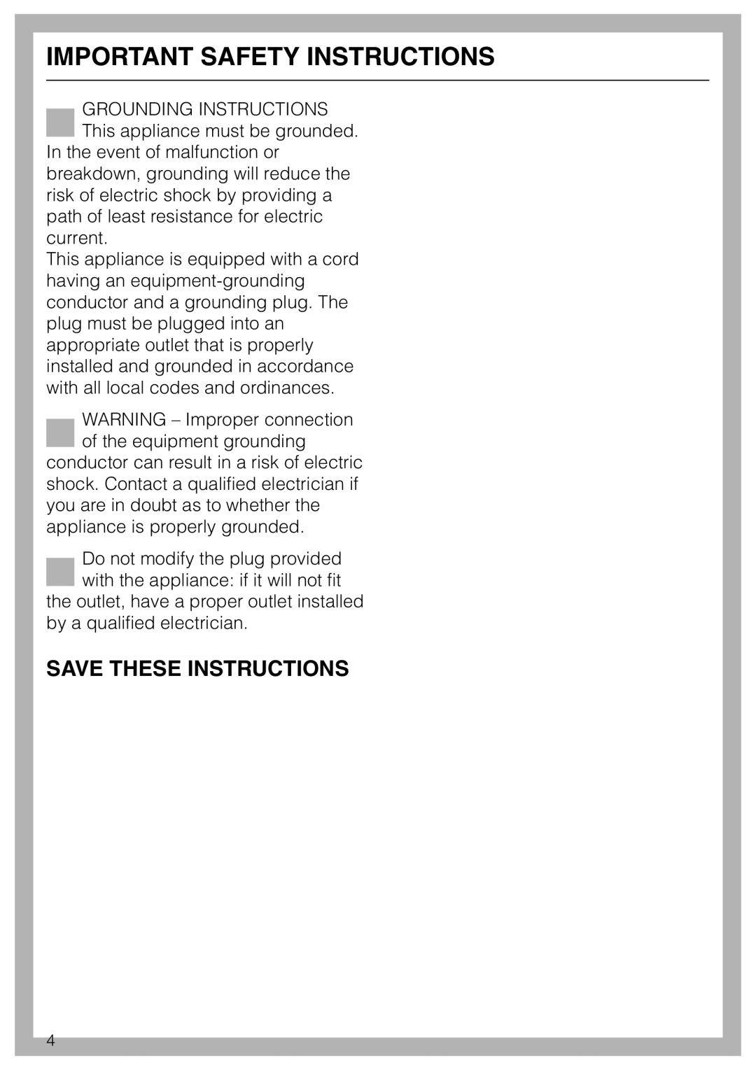 Miele T 1303 operating instructions Important Safety Instructions 