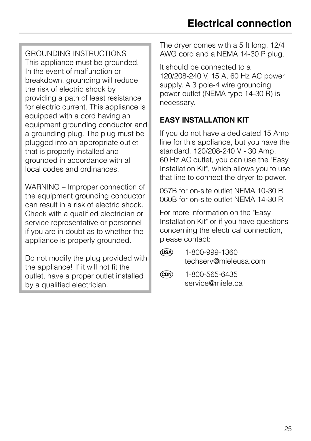 Miele T 1312, T 1313 operating instructions Electrical connection, Easy Installation KIT 