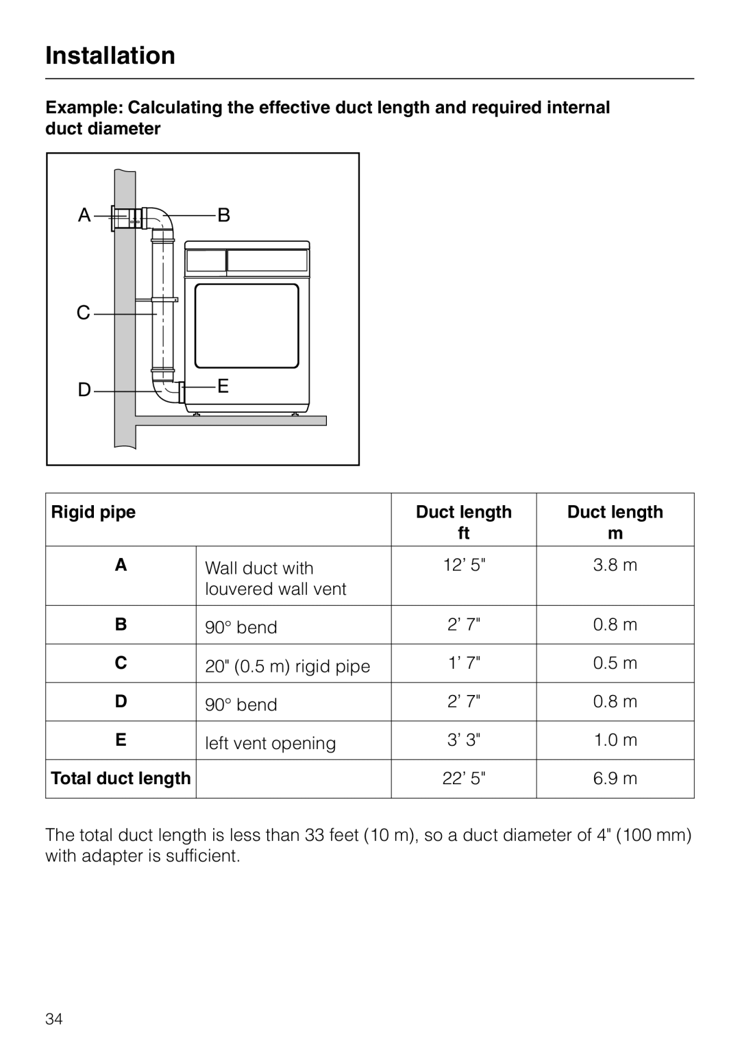 Miele T 1313, T 1312 operating instructions Total duct length 