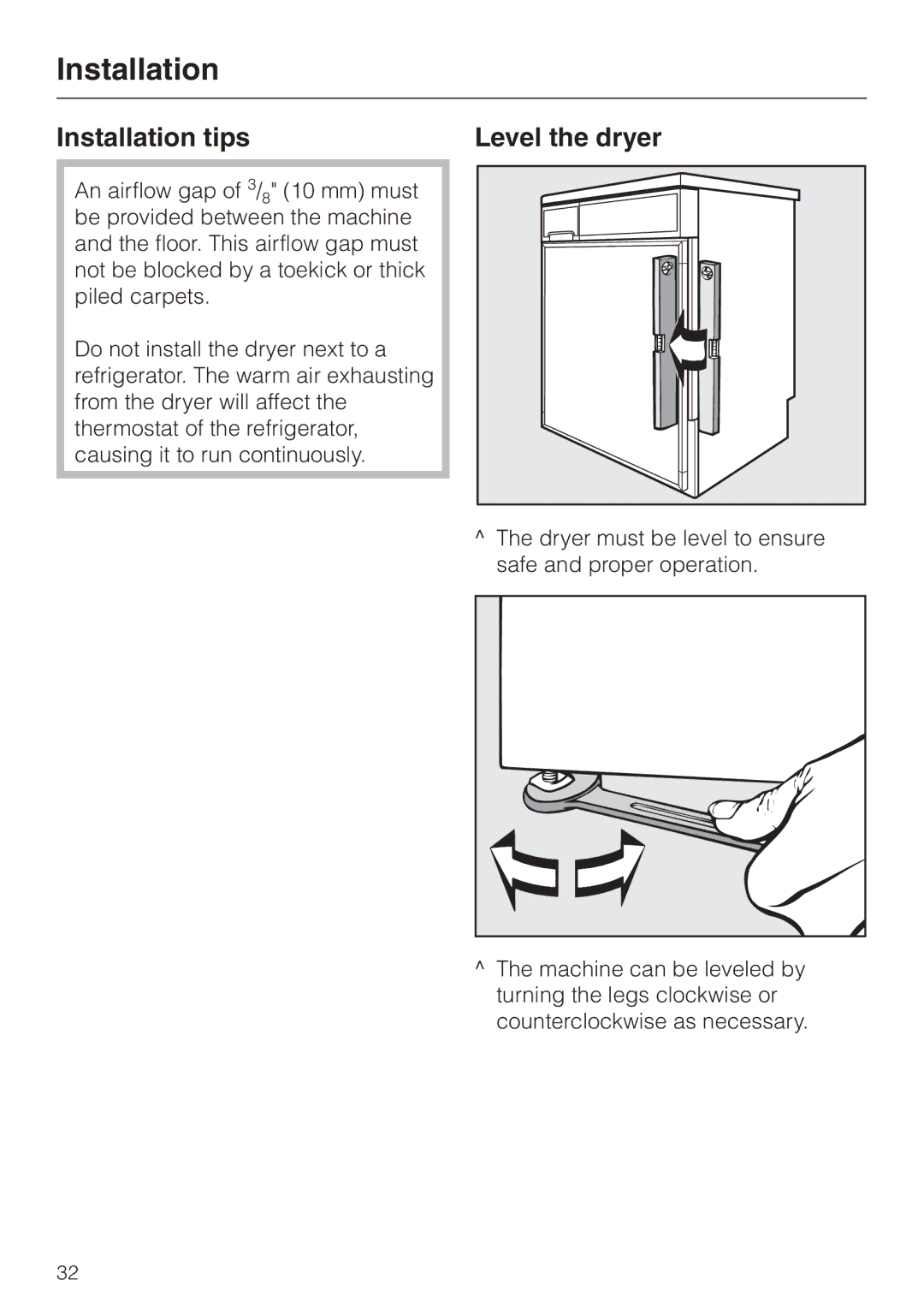 Miele T 1329 C operating instructions Installation tips Level the dryer 