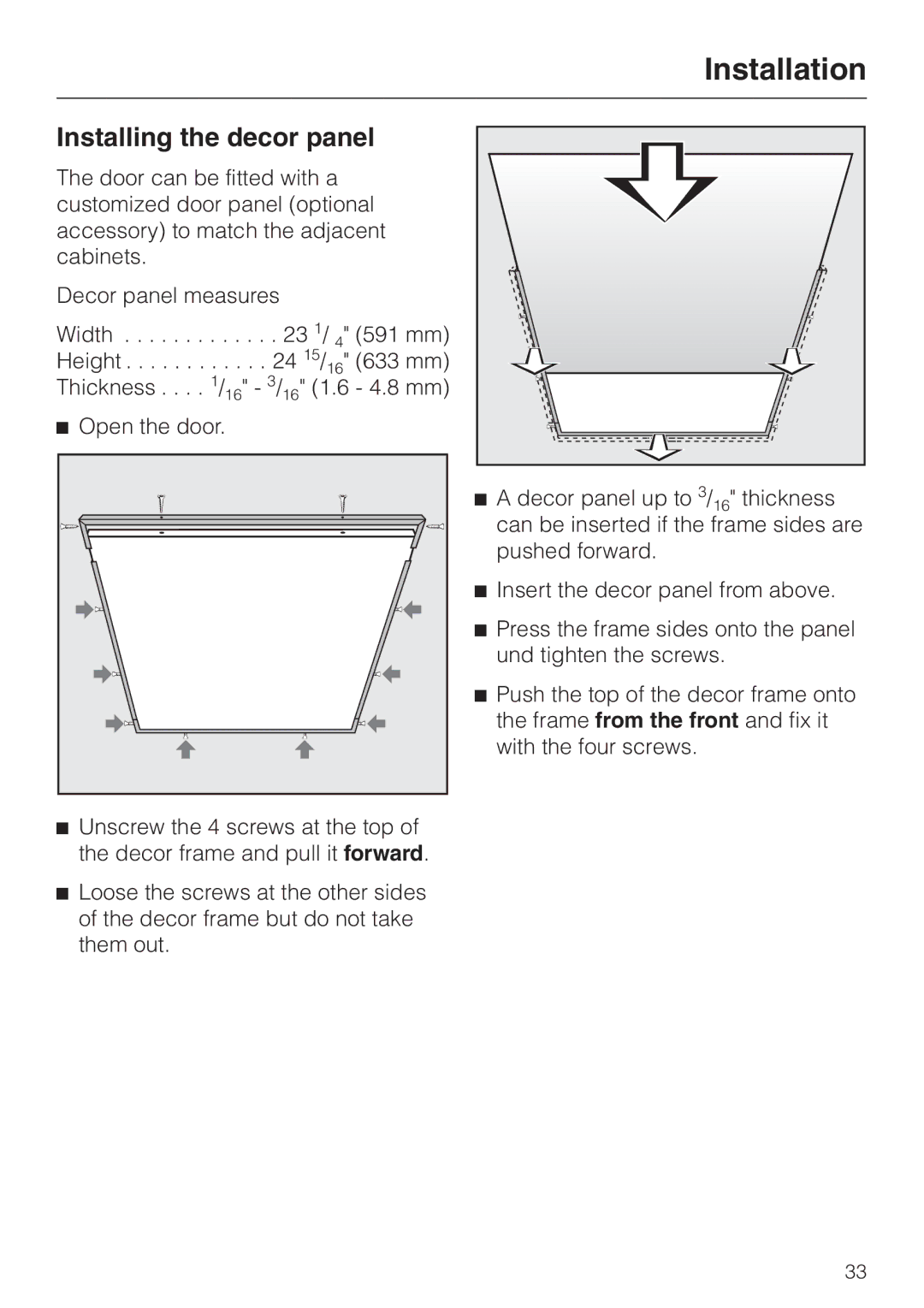 Miele T 1329 C operating instructions Installing the decor panel 