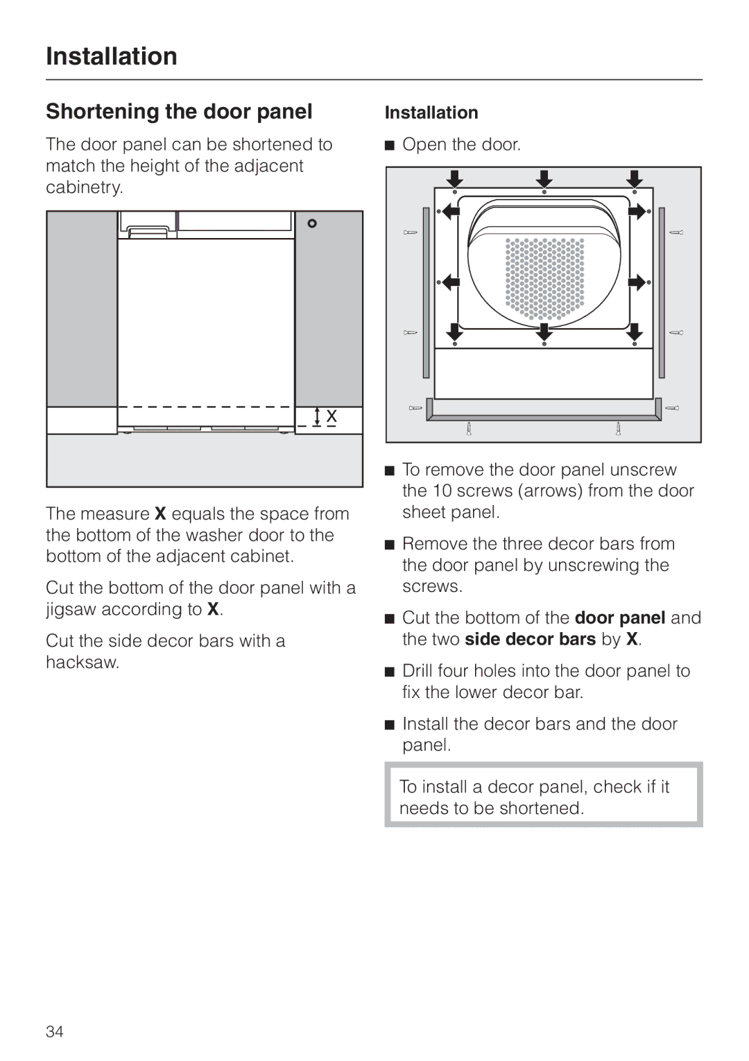 Miele T 1329 C operating instructions Shortening the door panel, Installation 