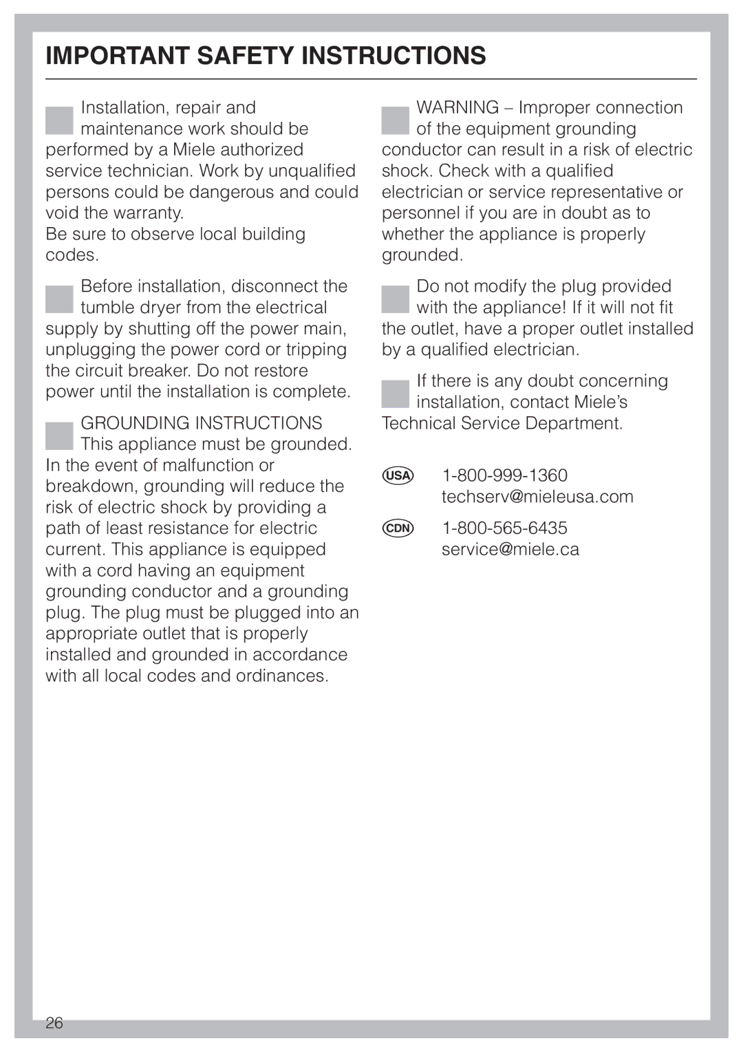 Miele T 1339 C operating instructions Important Safety Instructions 