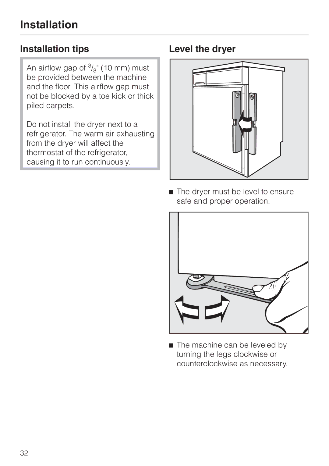 Miele T 1339 C operating instructions Installation tips Level the dryer 